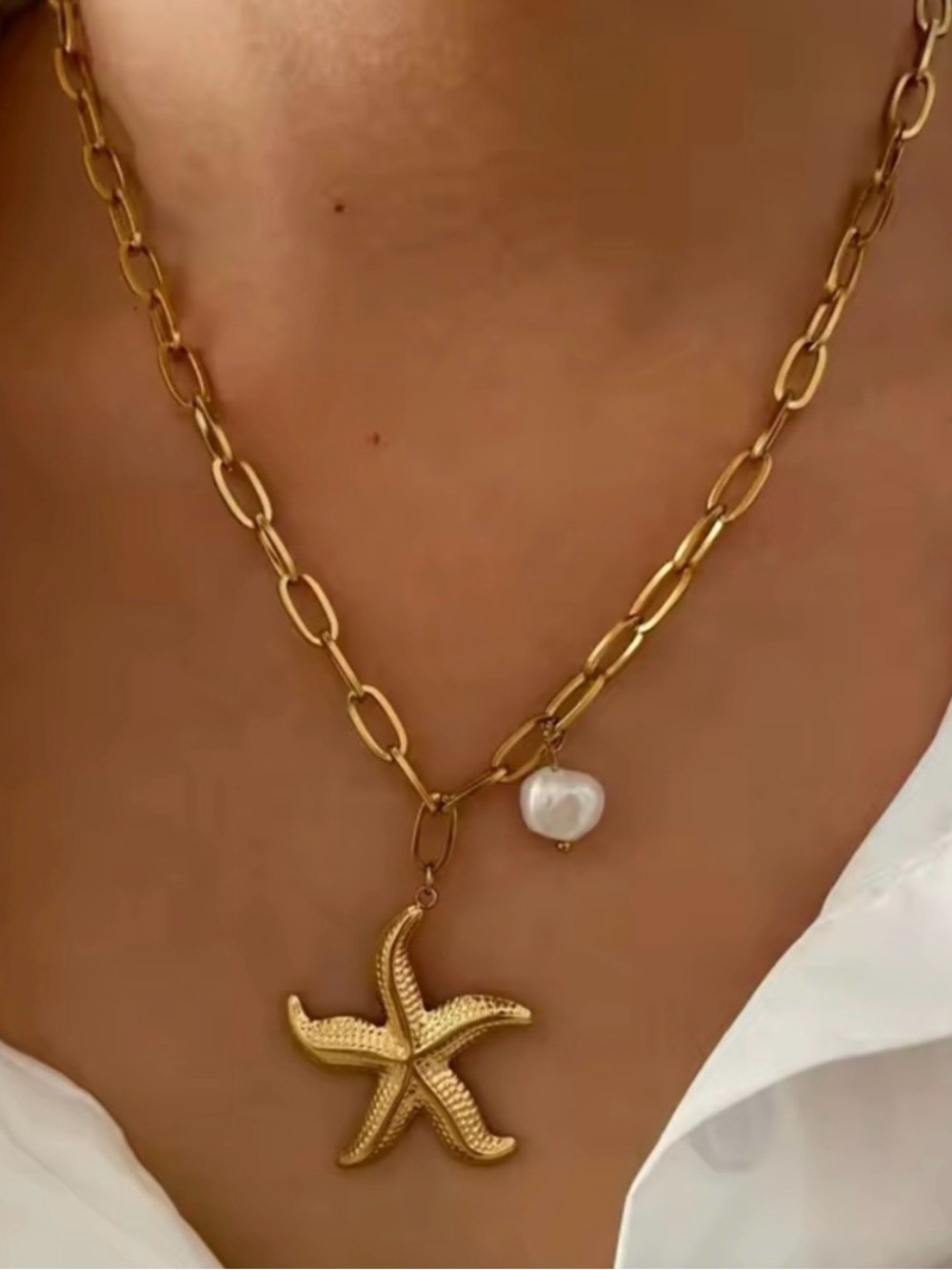 18K Gold Stainless Steel Starfish
Pearl Pendant Necklace - Picture 2 of 6